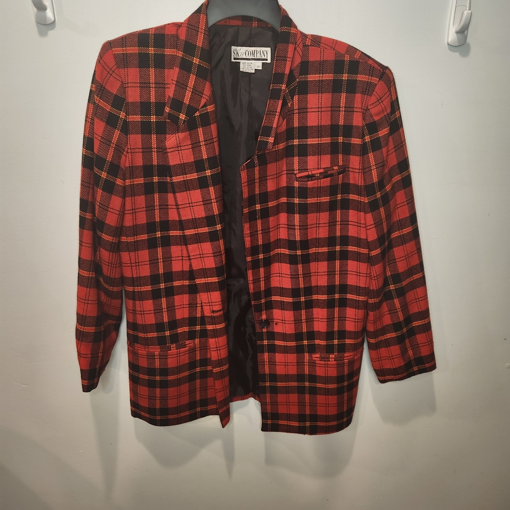 SK & Company Vintage Red Black Plaid Wool Blend Blazer Jacket Size 10